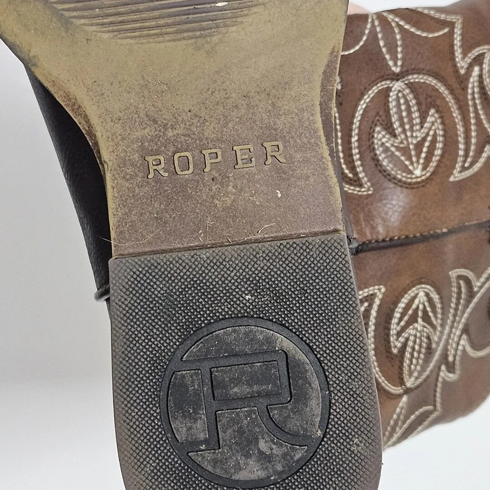 Roper Cowboy Boots Kids Size 2 Brown Faux Leather Square Toe Western Stitching